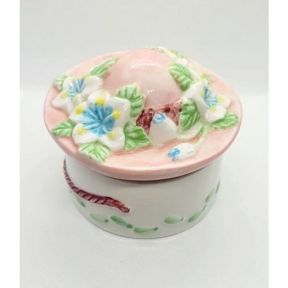 Floral Trinket Box W/ Vtg Hat Shaped Lid